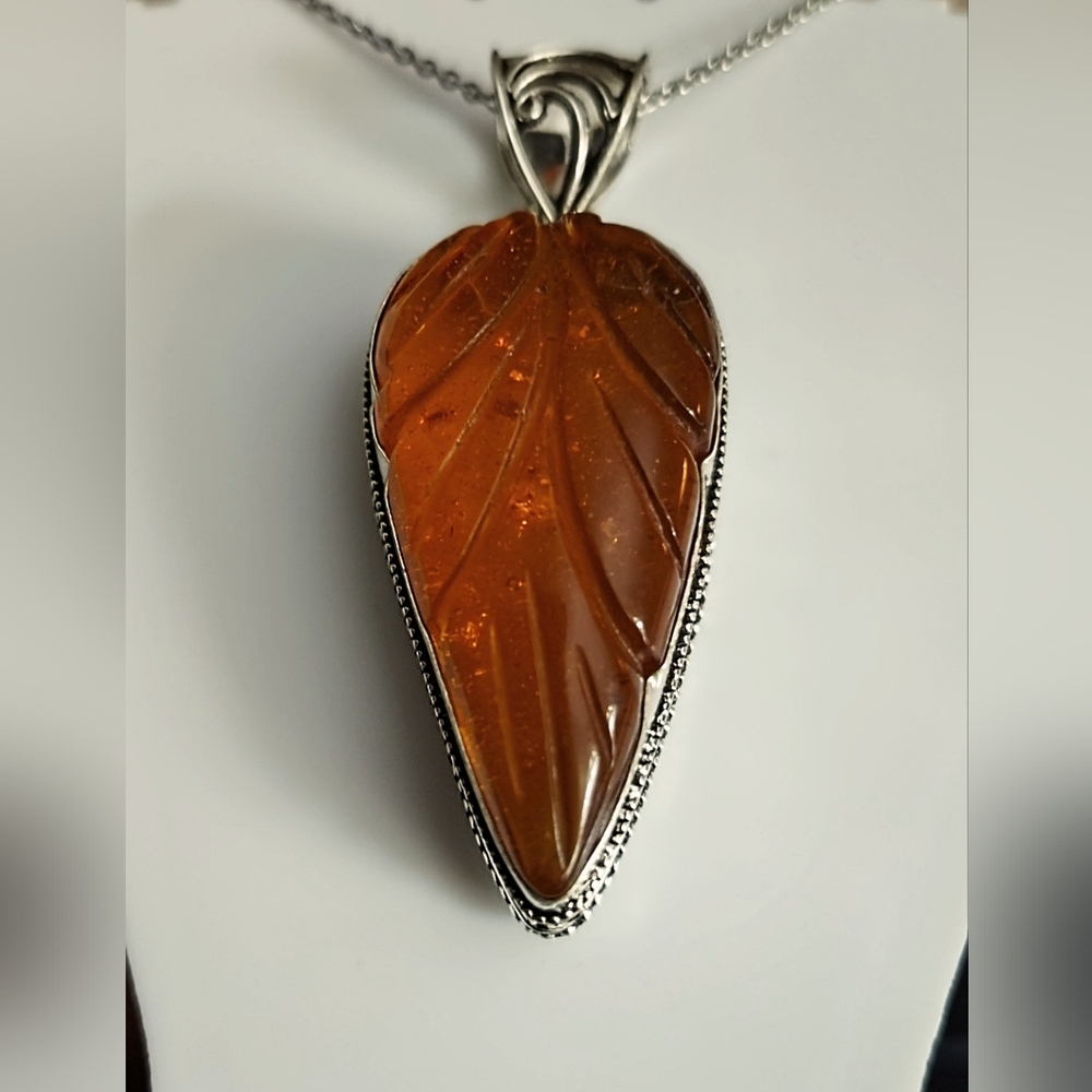 925 Sterling Silver Plated Fossil Leaf Print Amber Like Pendant